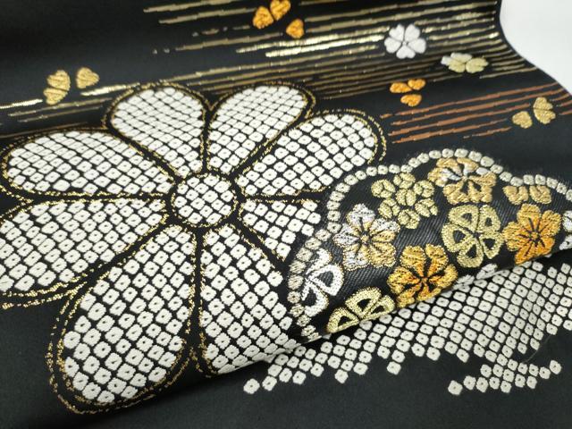 平和屋着物●全通柄袋帯 唐織 舞花文 黒地 金銀糸 正絹 逸品 CABI8878hy
