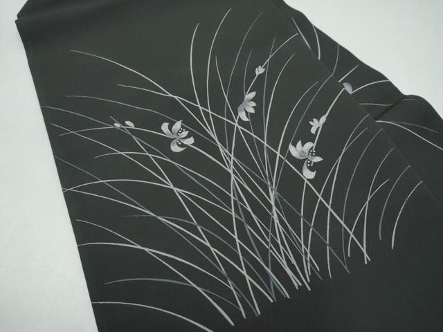 平和屋着物●塩瀬 九寸名古屋帯 刺繍 草花文 黒地 正絹 逸品 CABI8900hy