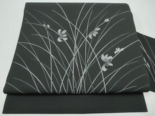 平和屋着物●塩瀬 九寸名古屋帯 刺繍 草花文 黒地 正絹 逸品 CABI8900hy