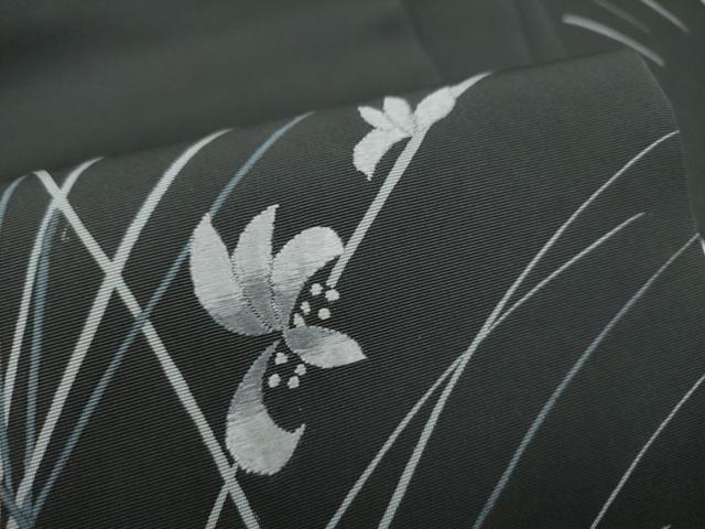 平和屋着物●塩瀬 九寸名古屋帯 刺繍 草花文 黒地 正絹 逸品 CABI8900hy