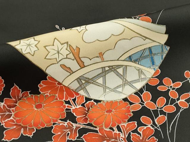 平和屋着物▼羽織・コート 反物 羽尺 短冊片輪車花文 黒地 金彩 逸品 未使用 DABG9070we