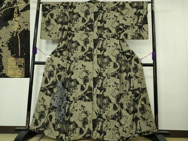 平和屋本店●極上 キモノデザイナー 斉藤上太郎 訪問着 お召地 大花 黄海松茶色地 反端付き 逸品 未使用 DZAB7171kh6