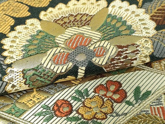 平和屋本店▼六通柄袋帯 更紗花文 もみ金唐箔 正絹 逸品 DABG9795sf