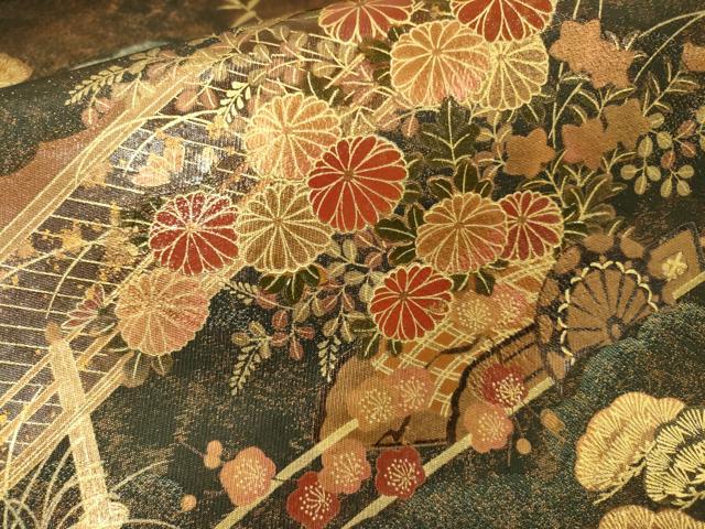 平和屋着物▼漆工芸作家 金森一博 六通柄袋帯 風景花文 金彩 正絹 逸品 DABG5774fe