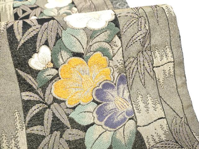 平和屋着物●両面 六通柄袋帯 笹竹椿文 金糸 正絹 逸品 CABI9166hy