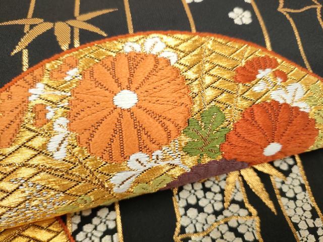 平和屋着物●西陣 河合美術織物謹製 六通柄袋帯 唐織 笹竹花丸文 黒地 金糸 正絹 逸品 CABI9168hy
