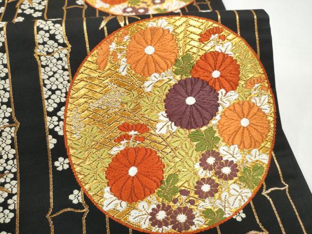 平和屋着物●西陣 河合美術織物謹製 六通柄袋帯 唐織 笹竹花丸文 黒地 金糸 正絹 逸品 CABI9168hy