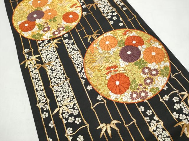 平和屋着物●西陣 河合美術織物謹製 六通柄袋帯 唐織 笹竹花丸文 黒地 金糸 正絹 逸品 CABI9168hy