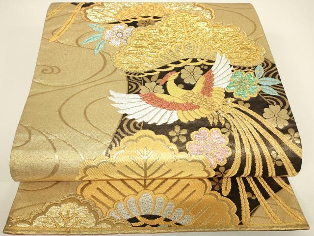 平和屋着物▼六通柄袋帯 鳳凰花松文 金糸 正絹 逸品 DABG0973az