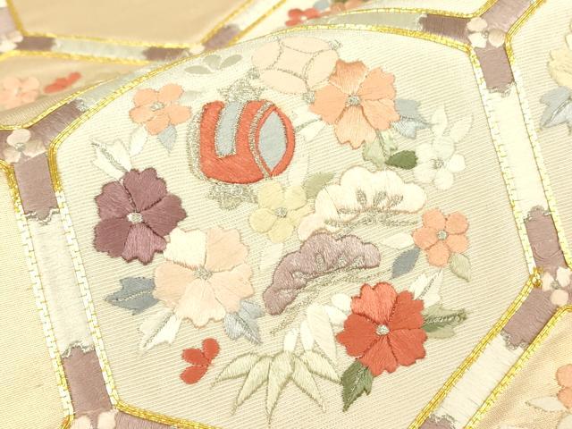 平和屋着物▼総刺繍 太鼓柄袋帯 駒刺繍 宝尽くし花文 金糸 正絹 逸品 DABG0958az