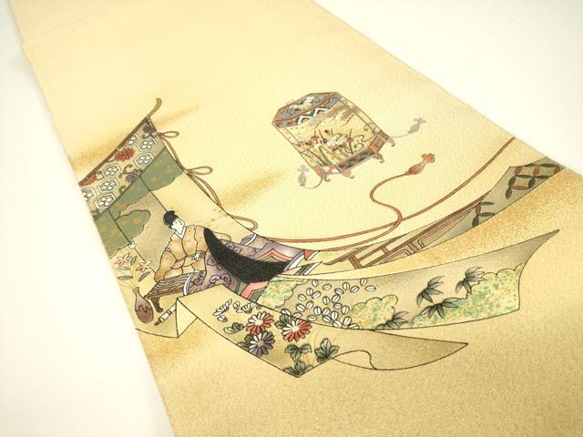 平和屋着物▼中国三大刺繍 スワトウ刺繍 汕頭刺繍 綴れ 太鼓柄袋帯 源氏物語文 金彩 正絹 逸品 DABG0965az