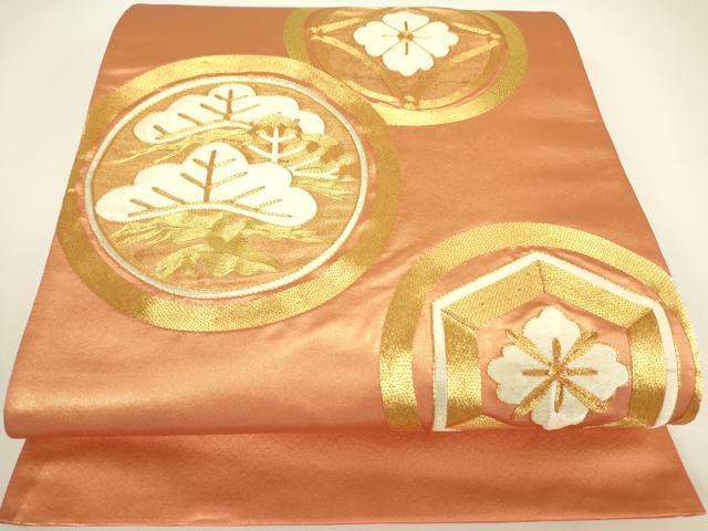 平和屋着物▼銀座きしや 総刺繍 太鼓柄袋帯 駒刺繍 花松吉祥文 金糸 正絹 逸品 DABG0968az