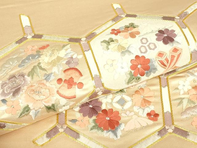 平和屋着物▼総刺繍 太鼓柄袋帯 駒刺繍 宝尽くし花文 金糸 正絹 逸品 DABG0958az