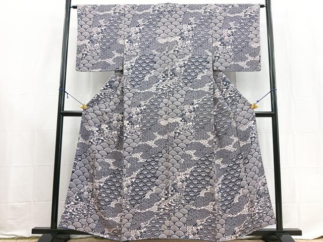 平和屋着物■上質な小紋 型染め 青海波風景文 正絹 逸品 未使用 BAAX9177yc