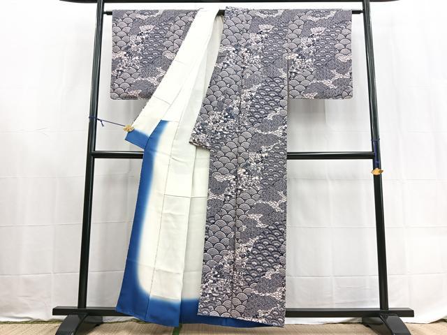 平和屋着物■上質な小紋 型染め 青海波風景文 正絹 逸品 未使用 BAAX9177yc