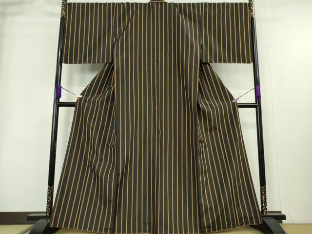 平和屋本店●極上 本場黄八丈 黒八丈 平織 紬 縞 逸品 DZAB3759kh6