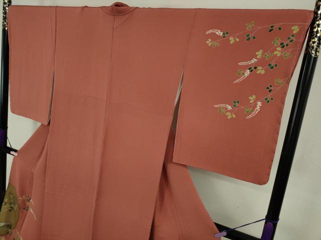 平和屋本店●極上 人形作家・ホリヒロシ 訪問着 兎 十五夜 お月見 満月 甚三紅色地 鬼しぼ縮緬 反端付き 逸品 未使用 DZAB2992kh6