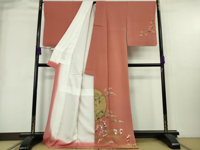 平和屋本店●極上 人形作家・ホリヒロシ 訪問着 兎 十五夜 お月見 満月 甚三紅色地 鬼しぼ縮緬 反端付き 逸品 未使用 DZAB2992kh6