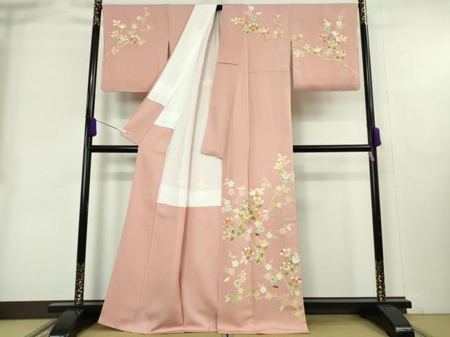 平和屋本店●極上 創業460年・千總 訪問着 駒刺繍 橘楓花文 紅梅色地 金彩 三越扱い 逸品 DZAA8695kh6