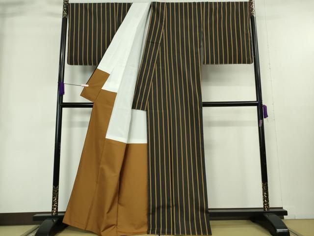 平和屋本店●極上 本場黄八丈 黒八丈 平織 紬 縞 逸品 DZAB3759kh6