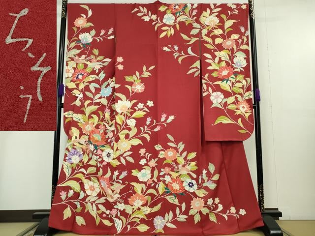 平和屋本店●極上 創業460年・千總 振袖 駒刺繍 花鳥文 朱色地 金彩 松坂屋扱い 逸品 DZAB4003kh6