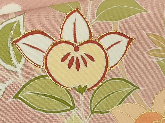 平和屋本店●極上 創業460年・千總 訪問着 駒刺繍 橘楓花文 紅梅色地 金彩 三越扱い 逸品 DZAA8695kh6