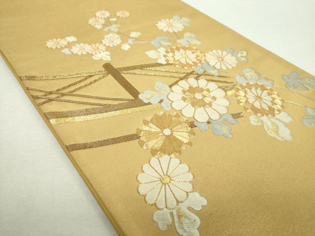 平和屋着物▼太鼓柄袋帯 駒刺繍 総刺繍 菊文 金糸 正絹 逸品 DABH9072ps