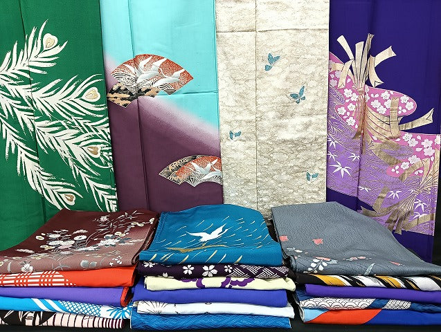 平和屋着物■着物 訪問着 単衣 まとめて 20点 鶴 千鳥 孔雀羽 蝶 駒刺繍 洗える着物 和服 ハンドメイド リメイク 生地 未使用品有 mmm1234