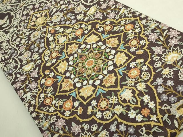 平和屋本店*最高級 夏物 中国三大刺繍 総相良刺繍 総刺繍 袋帯 正倉院花文 紫鳶色地 逸品 未使用 DZAB8037kh6