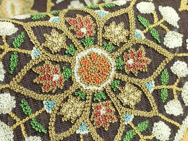 平和屋本店*最高級 夏物 中国三大刺繍 総相良刺繍 総刺繍 袋帯 正倉院花文 紫鳶色地 逸品 未使用 DZAB8037kh6