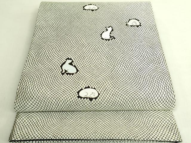 平和屋着物●極上 西陣 まいづる謹製 太鼓柄袋帯 唐織 猫 鹿の子 黒地 金糸 証紙・反端付き 逸品 未使用 DZAB8056kh6