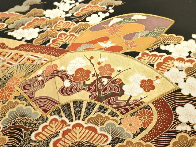 平和屋着物■豪華黒留袖 駒刺繍 扇面枝梅文 金彩 正絹 逸品 DABI0668cd