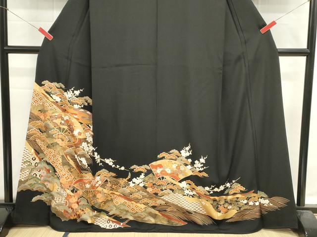 平和屋着物■豪華黒留袖 駒刺繍 扇面枝梅文 金彩 正絹 逸品 DABI0668cd