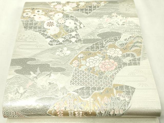 平和屋本店▼六通柄袋帯 扇面取流水華 プラチナ本金箔 正絹 逸品 DABI1079sf
