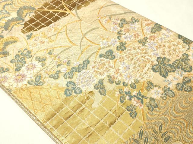 平和屋本店▼六通柄袋帯 花鳥文 本金箔二重織 正絹 逸品 DABI1128sf