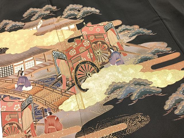 平和屋着物■豪華黒留袖 駒刺繍 飛鶴平安人物文 金彩 正絹 逸品 BAAX9191yc