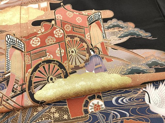 平和屋着物■豪華黒留袖 駒刺繍 飛鶴平安人物文 金彩 正絹 逸品 BAAX9191yc