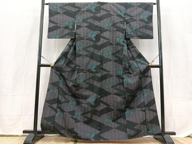 平和屋着物■小紋 舞蝶文 黒地 洗える着物 BAAX9280yc