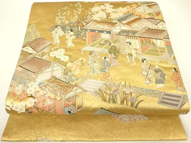 平和屋着物▼六通柄袋帯 江戸風俗文 金糸 正絹 逸品 DABH6176az