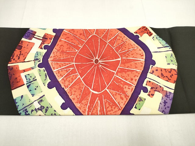 平和屋着物◎塩瀬 九寸名古屋帯 ろうけつ染め 花菱文 黒地 正絹 逸品 DABI0021xg