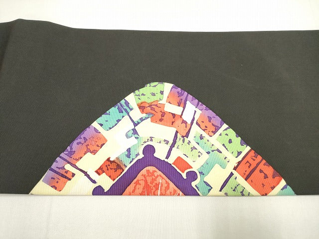 平和屋着物◎塩瀬 九寸名古屋帯 ろうけつ染め 花菱文 黒地 正絹 逸品 DABI0021xg