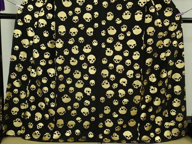 平和屋本店●極上 小紋 髑髏 骸骨 黒地 金彩 反端付き 逸品 未使用 DZAB2454kh6