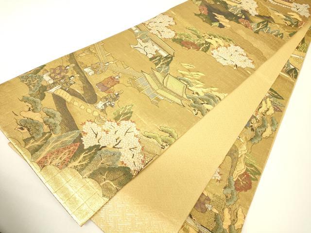 平和屋着物▼佐賀錦 全景全通柄袋帯 御所車人物文 金糸 正絹 逸品 DABH6265az