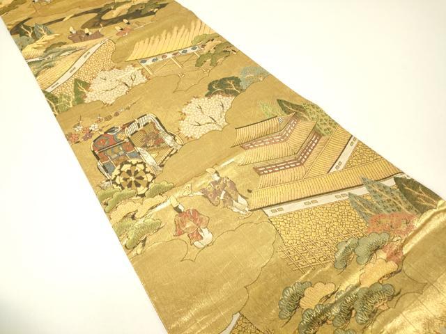 平和屋着物▼佐賀錦 全景全通柄袋帯 御所車人物文 金糸 正絹 逸品 DABH6265az