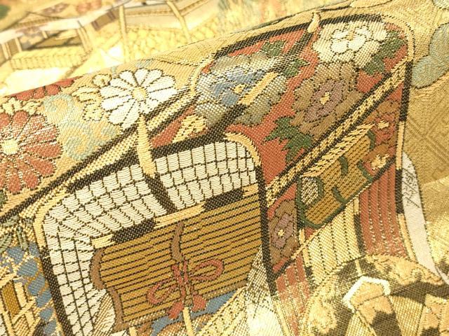 平和屋着物▼佐賀錦 全景全通柄袋帯 御所車人物文 金糸 正絹 逸品 DABH6265az