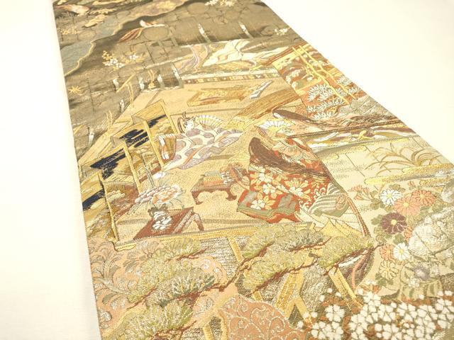 平和屋着物▼両面 全通柄袋帯 平安人物文 金糸 正絹 逸品 DABH7158fe