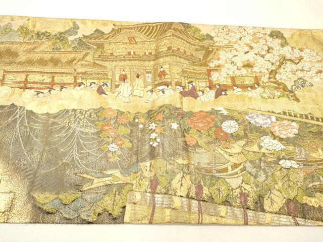 平和屋着物▼両面 全通柄袋帯 平安人物文 金糸 正絹 逸品 DABH7158fe