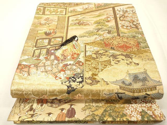 平和屋着物▼両面 全通柄袋帯 平安人物文 金糸 正絹 逸品 DABH7158fe