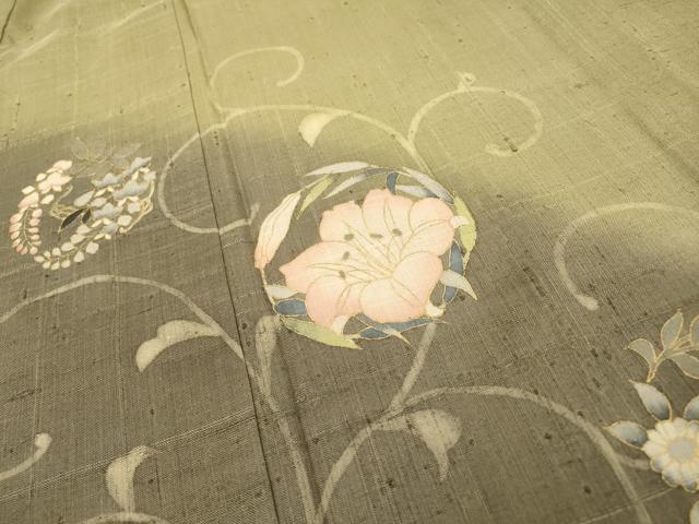 平和屋着物▽染織の名門 しょうざん 生紬 訪問着 単衣 花唐草文 金彩 証紙付き 正絹 逸品 DABH7357fe