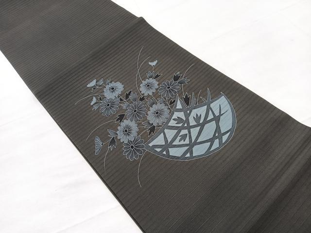 平和屋着物*夏物 絽塩瀬 九寸開き名古屋帯 花籠文 黒地 正絹 逸品 BAAX7466hv